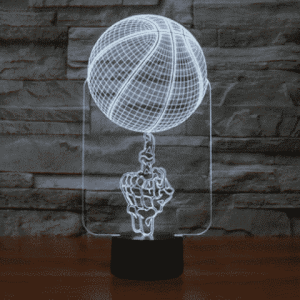 Basketball Skeleton Hand 3D Illusion Lamp with wireframe basketball design above a hoop, made from acrylic and LED materials.