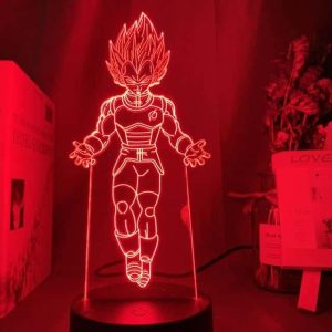 Vegeta 3D Illusion LED Lamp features red LED lighting and spiky-haired Vegeta design, made of acrylic and plastic.